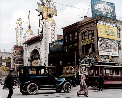Detroit's Monroe Street  Close Up View In Color C. 1929